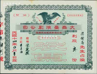 民国十四年（1925年）大舞台演剧公司加给溢利股票，溢利股贰份（每股贰拾伍圆），由粤籍华侨发行于美国三藩市（旧金山），此溢利股亦属特别之分红股；该公司乃旧金山两大著名戏院之一，为清末保皇党(后改称宪政党)人经营，票上总理陈敦朴时为旧金山宪政党主席；华侨老股票之初见珍品，内有水印，八五成新