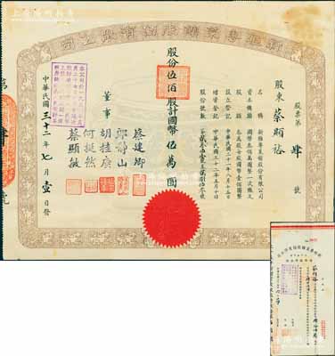 民国三十二年（1943年）新雅粤菜馆股份有限公司股票，伍佰股计国币伍万圆，票上董事蔡建卿乃该菜馆之创始人、郎静山乃中国著名摄影家，此股票仅为“第4号”，其承购股东即为蔡建卿之长子蔡显裕氏（著名建筑工程师，曾任华东建筑设计院总工程师）；此乃久负盛名之上海老字号饭店，时有名流光顾；珍罕品，八成新（另附该公司1946年增股临时收条1枚，亦由蔡显裕氏所承购）