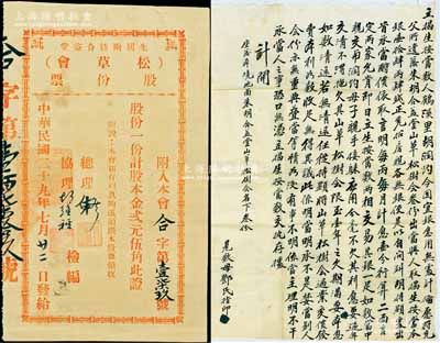 民国二十九年（1940年）朱胡两姓合益堂（松草会）股份票，股一份计股本金贰元伍角，此乃广东民间宗亲会之老股票，多与公益兴学相关，八成新（另附：1935年“立揭生按当”合约1份，事为胡润灼氏因宜银急用，愿将先父所遗之朱胡合益堂山草松树会股份3份，出当与人得银14.4两，并按月息壹分计算，限一年内偿还等情，内容颇为丰富）