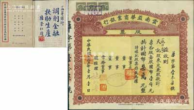 民国叁拾贰年（1943年）云南益华商业银行股票，柒拾股计国币柒万元，票上董事长陆崇仁氏曾任云南省议会议员、财政厅长等职，其承购股东即为票上总经理施次鲁氏；另附《云南益华商业银行新厦落成纪念册》1册，内有该行概要介绍及昆明市各银行一览表等；抗战时代西南金融业老股票之珍罕品，亦属首度公诸于阳明拍卖，值得珍视和推重，八成新