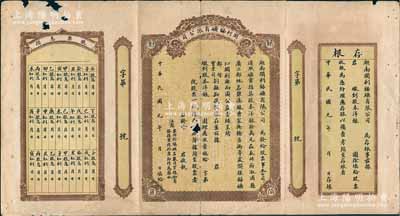 民国元年（1912年）湖南开利锑矿有限公司股票，未正式填用发行，两边附带有存根及股票息摺；陈伟国先生藏品，有小破损，近七成新