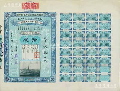民国八年（1919年）哈尔滨戊通航业股份有限公司股票，拾股计银元壹千圆，其公司董事由北洋政要梁士诒（曾任袁世凯总统府秘书长、交通银行总理、北洋政府国务总理等职）署名，而第一次缴银处盖有“谢霖”（中国会计学家和会计界先驱，时任交通银行总会计）之图章；陈伟国先生藏品，诚属东北著名民族航运公司老股票之珍罕品，八五成新