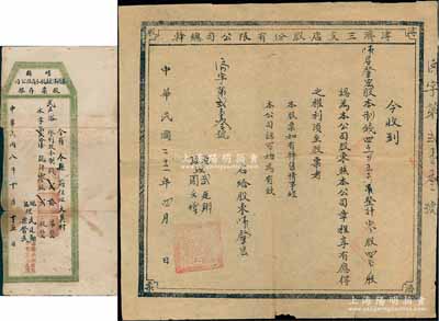 民国二十二年（1933年）溥济三支店股份有限公司总幹股票，制钱四千一百五十六计零股四正股，属山西省崞县老股票；陈伟国先生藏品，少见，七五成新（另附：1919年崞县溥济第三支店股分有限公司股票存根1枚，面额贰股计制钱贰拾吊）