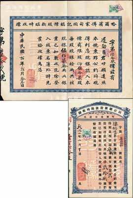 同记商场股票2种，详分：1933年（哈尔滨市道外）同记总号股款临时收据，贰股计现洋贰拾捌圆；1933年哈尔滨傅家甸同记总号股款临时收据，伍拾柒股计规银伍佰柒拾两；陈伟国先生藏品，该号为哈尔滨乃至东北地区久负盛名的百年老字号，八至九成新（另附送：同记商场收据1枚、商品券国币贰拾圆1枚）