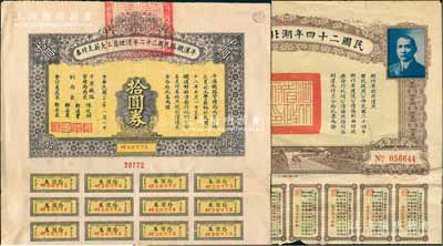 民国债券2种，详分：平汉铁路民国二十二年清理员工欠薪支付券1934年拾圆、民国二十四年湖北省建设公债伍圆，均附带有息票，七至八成新