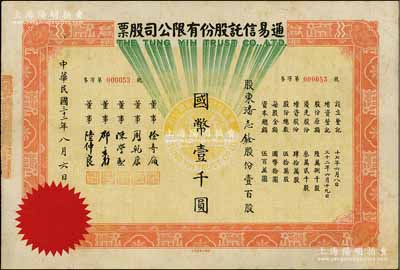 民国三十二年（1943年）通易信托股份有限公司股票，壹百股计国币壹千圆，票上董事徐寄庼乃民国著名银行家（曾任浙江兴业银行董事长），而承购股东潘志铨氏出身买办世家，为上海著名小开，曾任怡和洋行买办，家族显赫一时；少见，八成新