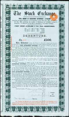 1899年（英国）伦敦证券交易所债券黑色100英镑，内有水印，罕见，八五成新