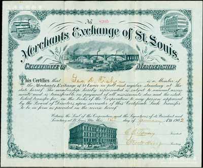 1902年美国圣路易斯商品交易所会员资格证书1张，内有水印；此种十九世纪的美国交易所交易商会员证书，存世十分罕见，值得珍视和推重；海外藏家出品，八成新