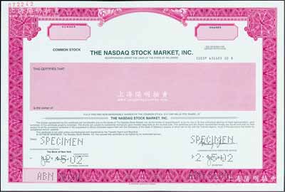 2002年美国纳斯达克交易所股票样张，紫红色印刷；该交易所始建于1971年，是首家电子化股票市场，也是全美乃至世界最大的股票电子交易市场；源于美国印钞厂档案，雕刻版印刷，罕见品，全新