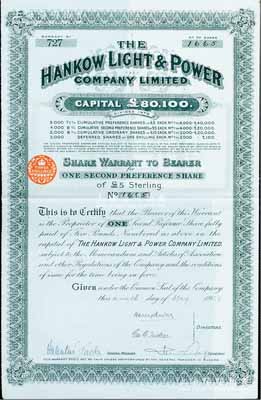 1929年英商汉口电灯公司股票，优先股1...