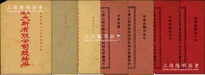 民国廿一至二十九年（1932至1940年）《上海大新有限公司决算总报告（总结册）》共7册不同，详分：1932年第一届、1933年第二届、1934年第叁届、1935年第四届、1936年第五届、1937年第六届和1940年第九届各1册，内中均印有该公司董事局名录、财务报告等详情；该公司为民国“四大百货公司”之一，历史意义厚重；保存甚佳，敬请预览和重视