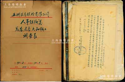 1951至1953年五洲大药房档案资料共2大册，详分：《五洲药房股份有限公司人事组织类总店、支店、太和职工调查表》1册，汇集整合各店、各部门、各职位员工之人事档案；另有该公司与各银行业务往来凭据、信笺、公函及购买证等资料1册，内中涉及华比银行、中国银行、公私合营银行、浙江第一商业银行等；该药房为上海著名之老字号，由海上闻人黄楚九氏所创设；是项档案资料内容丰富，保存甚佳，敬请预览