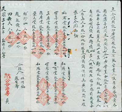 民国三十五年（1946年）山西汾阳“公合油房”股份合同1份，事为侯德庆等人合夥在汾阳尽善村开设公合油房营业，内中详列“福有堂、宝善堂、三庆堂、德庆堂、荣元堂、和盛堂、和法堂各入股本一份，吉有堂、宝珍堂各占股本半份，另有三人各占人力股一份”等情，乃属晋商之传统式老股票，内涵丰富，保存较佳，敬请预览