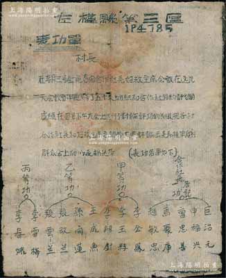 1947年（山西解放区）左权县第三区“表功单”1张，事为经全区合作社长、妇救主席会议，总结了50大纺织和合作社节约计划的成绩，经大众讨论评功，公示表功名单，内中详列合作社长各计一功、甲等功、乙等功、丙等功各数名；此乃解放区合作社之历史实证，保存尚佳，敬请预览
