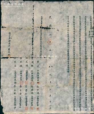 民国二十五年（1936年）北京延庆地区“德泰炭窑”合夥合同1份，事为“贾鸿勋、张式鸿、李学仁等因情投意合，集股开采煤炭，公起字号德泰炭窑，曾租到陈村张俊鳌坐落沤子沟炭窑，又租到杨王庄郭九龄等坐落水泉沟炭窑，共集银股11股”等情，并约定公议条款，且列明10名股东姓名、所占股数等，乃属传统式合同老股票，保存尚佳，敬请预览