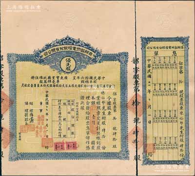 民国十七年（1928年）商办韶州电灯股份有限公司股票，优先股肆拾份计银壹仟圆，附带有息单；此股票为发行之“第拾号”，少见，八成新