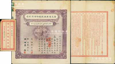 民国廿七年改作廿二年（1933年）晋文同济银号股份有限公司股票，贰股计通行大洋贰百元，附带原封套及红利摺1份；此乃山西文水银号业之老股票，罕见，八成新