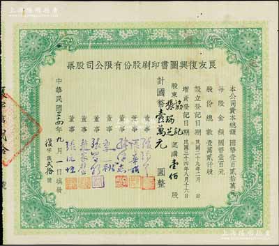 民国三十四年（1945年）良友复兴图书印刷股份有限公司股票，壹佰股计国币壹万圆，其承购股东即为董事张瑞芝氏；该公司曾创办《良友》画报，成为我国历史上第一份生活类大型画报，在上世纪三四十年代风靡一时；中国文化类老股票之珍罕品，八成新（注：阳明2017年6月夏拍曾拍卖过此种股票，其成交价高达57500元）