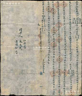 民国伍年（1916年）“立万金红账”合同一份，事因常富贵、三兴弟兄2人在德胜门内西水关路南旧有天盛永铜铺一座，后因生意萧条、年历亏损，今央中人说合，由长盛永、常仁义、陈春阑、常富贵、常三兴合出本金银元230元，内中详列各方股份及出资金额等情；此种老北京之传统式股份合同存世少见，保存甚佳，敬请预览