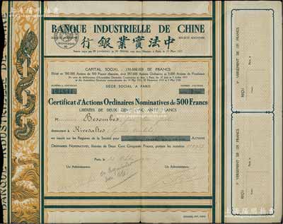 1920年中法实业银行股票，面额1股（每...