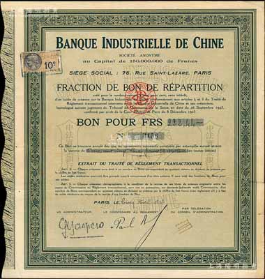 1927年中法实业银行股票，绿色零股计222.44法郎，少见，八成新