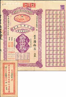 民国十一年（1922年）北京电车股份有限公司股票，面额拾股（每股银元壹百圆），票上董事分由于学忠（爱国名将）、鲍贵卿（黑龙江督军、吉林督军）、荆有岩（长芦盐运使、银行家）、周作民（著名银行家、金城银行总经理）等签名；而承购股东汤脩慧（邵飘萍夫人）亦为著名报刊活动家，被毛泽东称之为“师娘”；中国老股票之珍罕品，附带原封套，七五成新