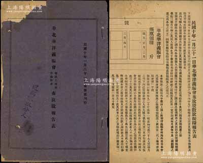 民国十年（1921年）《华北华洋义赈会（联络上海华洋义赈会）查放股报告书》1册，内中开列该会在各灾区分配粮食及其他振济食物之详情；华洋义赈会是民国最大的民间慈善组织，由美国美北长老会传教士裴义理（Joseph Bailie，1860-1935年）发起创办，至1941年太平洋战争爆发后一度被日军视作敌对组织而被迫全部终止，后于1949年9月1日宣布解散；保存尚佳，敬请预览