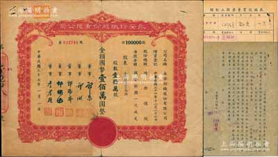 民国三十七年（1948年）永安纺织股份有限公司股票，壹拾万股计国币壹佰万圆，其承购股东为上海证券交易所，票上有永安财团巨商郭乐、郭顺等签名；另附该股票之1949年“经纪人股票买卖记录表”及“立出卖约据”各1张，七至八成新