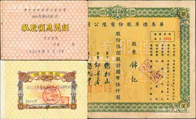 中国烟草业老股票2种，详分：1944年华美烟草股份有限公司股票，伍佰股计国币伍仟圆；1959年广东省广州市“公私合营华成烟厂”私股领息凭证1册，股金人民币277149元，其承购股东为中一制烟厂，内印喜字及游行图极富社会主义特色；八成新