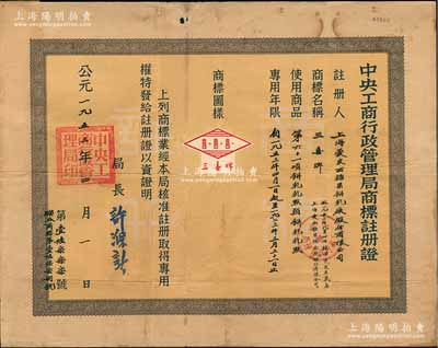 1953年“中央工商行政管理局商标注册证”1张，颁给上海爱皮西糖果饼乾厂股份有限公司（1953年8月经核准更名为上海爱民糖果饼乾厂股份有限公司），注册商标为“三喜牌”，适用于“饼乾乾点”商品，专用年限20年，由局长许滌新签署；少见，八成新