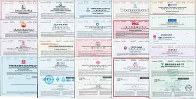 2018年世界500强排名的中国公司股票共21种不同，内含：中国石化(第3名)、中国石油(第4名)、中国工商银行(第22名)、中国建筑(第24名)、中国建设银行(第28名)、中国农业银行(第38名)、中国平安保险(第39名)、中国银行(第42名)、中国移动(第47名)、中国人寿(第51名)、中国铁建(第58名)、东风汽车集团(第68名)、中国交通建设(第103名)、中国人民保险