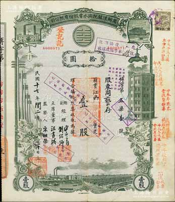 民国十七年（1928年）商办汉镇既济水电股份有限公司股票，灰绿色壹股计国币拾圆，票上由总副经理龚云青、刘绍仰、主席董事汪书城（曾湖北省政府委员兼民政厅长）、监察人宋祖荣签名；该公司为中国近代著名之民族企业，此种图案股票之第一版签名券；该股票乃收回换发股票，少见，八成新
