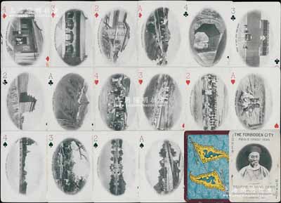 1901年《Forbidden City, Pekin & Chinese Views》（紫禁城，北京与中国景观）纪念扑克牌1副共54张全套，由美国洛杉矶Grimes-Stassforth文具公司发行，其上均采用老照片之图案，分别印有李鸿章像、故宫、龙椅、天坛、北海白塔、万寿山、北京城楼、长城等各种景观及官员审判、砍头、戴枷锁的犯人、吸食鸦片、黄包车等民俗风情等，而背面则均印有