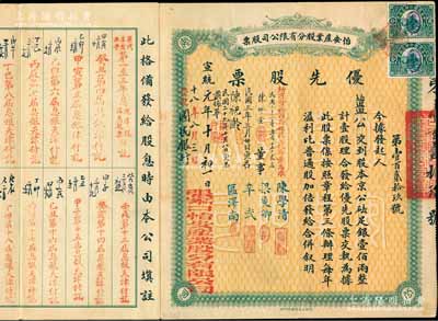 宣统元年（1909年）张家口·怡安产业股分有限公司股票，“优先股票”壹股计京公砝足银壹佰两，其付息状况至1940年；此乃清末张家口著名之地产公司，迄今仍留有“怡安街”地名；此种绿色版优先股存世极为珍罕，亦属首度公诸于阳明拍卖，八成新