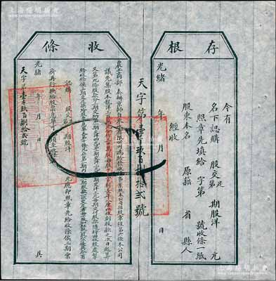 光绪年（1907年）农工商部奏办·京师自来水有限公司股票收条，未填用附带有存根，八五成新