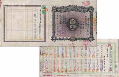 民国四年（1915年）中国银行股份有限公司股票，壹股计国币壹百元，天津分行发行，由常务董事李铭、张嘉璈、冯耿光、宋子文、陈光甫5人签名，背面兑付股息至1965年，少见，八成新