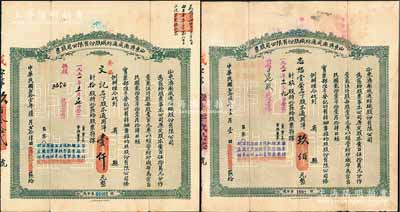 山东济南成通纺织股份有限公司股票共2枚不同，详分：1932年拾股计通用洋壹仟元、1937年玖股计通用洋玖佰元，票上董事苗星垣（桓台人）为工商实业家，曾任济南市政协常委，背印股票简章等；八成新