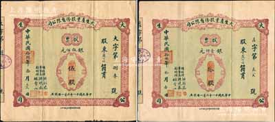 民国拾捌年（1929年）大生产业股份有限公司股票共2枚不同，分别为伍股计银伍佰元、拾股计银壹仟元，背印公司章程，票上董事长洪晓春乃厦门商界泰斗，历任厦门商务总会总理、市政会会长等职，热心慈善、服务桑梓，被邑人尊称为“晓春伯”；福建厦门老股票之罕见品，八至八五成新