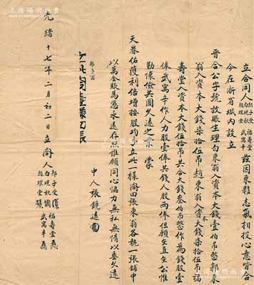 光绪十七年（1891年）“晋合公字号”股份合同一份，事为“郭子受、白砚秋、赵耀堂、福寿堂、武寓辛5人合夥在浙省城内设立晋合公字号放账生理，由白砚秋入资本大钱100吊，郭子受、赵耀堂各入资本大钱75吊、福寿堂入资本大钱50吊，合共大钱300吊作钱股壹俸，武寓辛作人力股壹俸，获利按股均分”等情；此乃山西晋商在杭州经营银钱放贷业之历史实物，罕见且保存尚佳，敬请预览