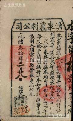 光绪叁拾年（1904年）湧泉农利公司股票，壹股计银壹拾员，台湾金门县（时属福建省）老股票，票上经理人杨都试（宣统乡贡进士）、傅锡琪(金门商会会长)等均属当地著名绅士；此种台湾金门县老股票存世珍罕，值得珍视和推重，八成新