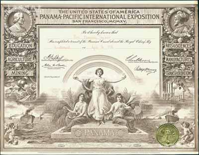 1915年（美国）巴拿马太平洋万国博览会（即旧金山世博会）“获奖证书”1张，原系空白，票上文字系后添；海外藏家出品，少见，八成新