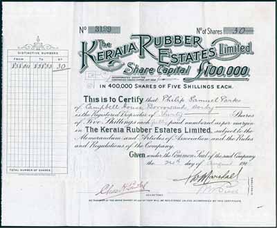 清代1910年凯莱橡胶置业有限公司股票，30股（每股5先令），属英国橡皮公司股票，或与清末“橡皮股票风潮”相关，少见，八成新