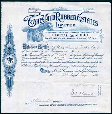 清代1910年（英商）威都橡胶置业公司股票，面额50股（每股2先令）；海外藏家出品，或与清末“橡皮股票风潮”相关，罕见，八成新