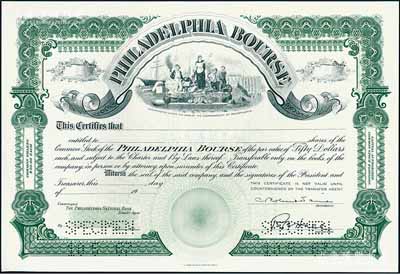 1967年费城交易所股票样张，雕刻版印制；该交易所成立于1790年，是美国最古老的股票交易所之一，至2007年被纳斯达克所收购；海外藏家出品，源于美国钞票公司之档案外流，全新