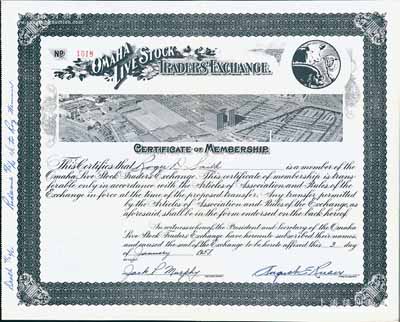 1958年（美国）奥马哈证券交易所·交易商会员资格证书1张，内有水印；奥马哈乃美国西部金融重镇，亦为“股神”巴菲特之故乡；海外藏家出品，罕见，八五成新