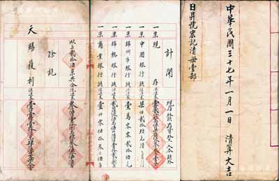 民国三十七年（1948年）《日昇号宏记清册壹部》，内中详列现存、外该、存货、外欠、入本、该外、获利等各项账目明细，其往来客户涉及中国银行、锦热银行、山西同乡会及诸多商号等；该号由山西晋商开设于辽宁锦县，此股份年结册内容丰富，保存甚佳，敬请预览