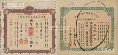 民国三十六年（1947年）上海老字号药房股票共2种，详分：中英大药房股份有限公司合并增资股款收据，25040股计国币250400元；1947年五洲大药房股份有限公司股款收据，壹万股计国币五拾万圆；均属海上闻人黄楚九氏所创办，八成新