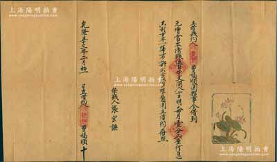乾隆五十三年（1788年）传统“借钱约”一份，内有源丰号曹福顺因夥事，借到元增当本清钱伍百千文，言明月息壹分贰厘，限定半年归还本息；此种“乾隆朝”借约可能是迄今所见清代最早之借款合同，罕见且保存甚佳，敬请预览