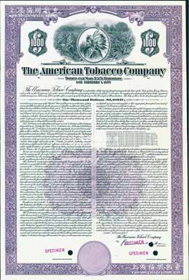 1952年美国烟草公司紫色1000美元债券样本，至1977年到期，年息3.25%，上印印第安人和烟叶地，雕刻版印制精美；美国藏家出品，罕见，八五成新