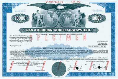1969年（美国）泛美航空公司10000美元债券样本，至1989年到期，年息5.25%，雕刻版印制精美；此乃世界早期最著名航空公司，至1991年倒闭后，由2018年世界500强第266名达美航空所收购；美国藏家出品，少见，全新
